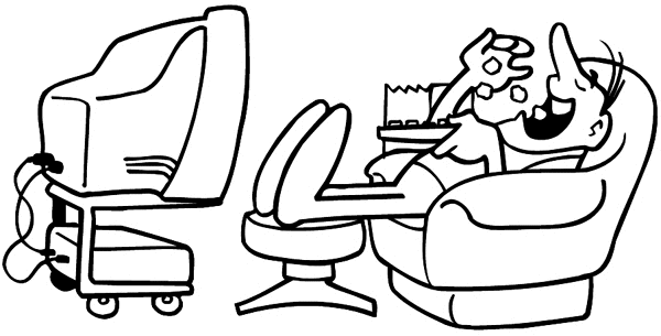 Man with snacks watching TV vinyl sticker. Customize on line. Radio Television Video 078-0149